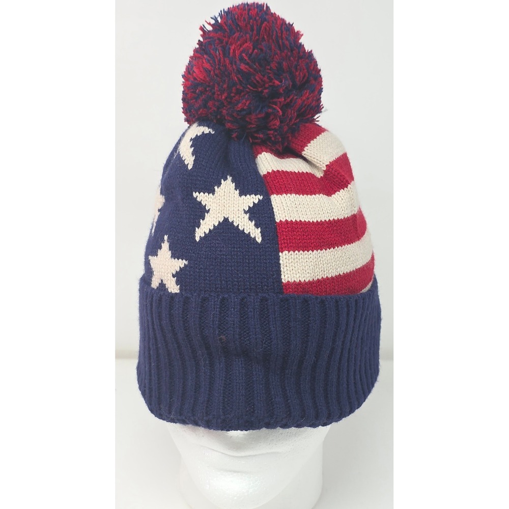 PUGS American Flag Stars Stripes Pom Pom Beanie‎ Hat Knit Winter